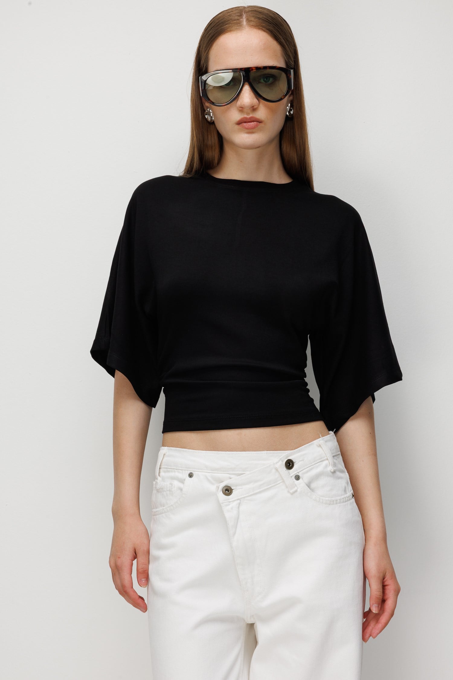 2102 Kadın Modal Büzgü Detaylı Dökümlü Soft T-Shirt Siyah
