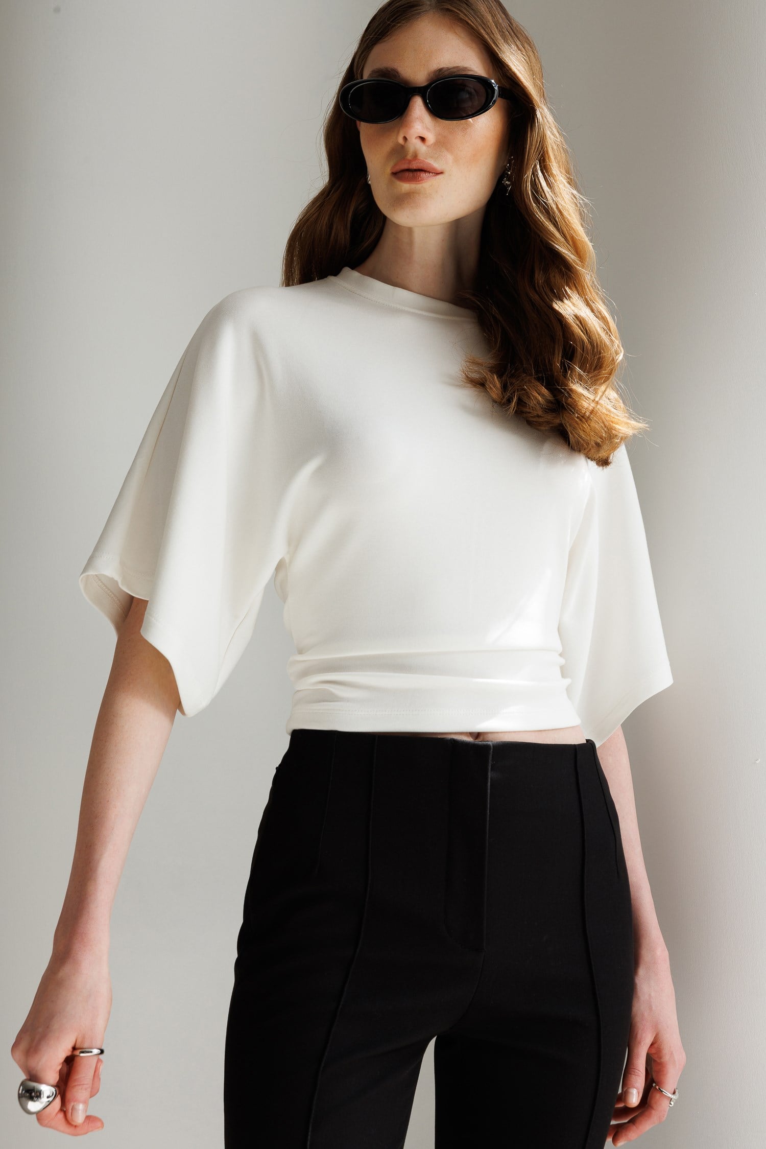 2102 Kadın Modal Büzgü Detaylı Dökümlü Soft T-Shirt Beyaz