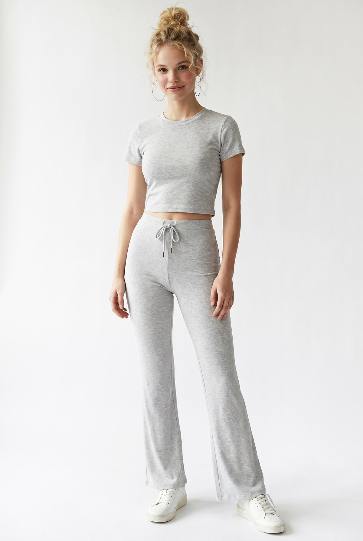 2120 Kadın Crop T-Shirt ve Palazzo Pantolon Takım Gri