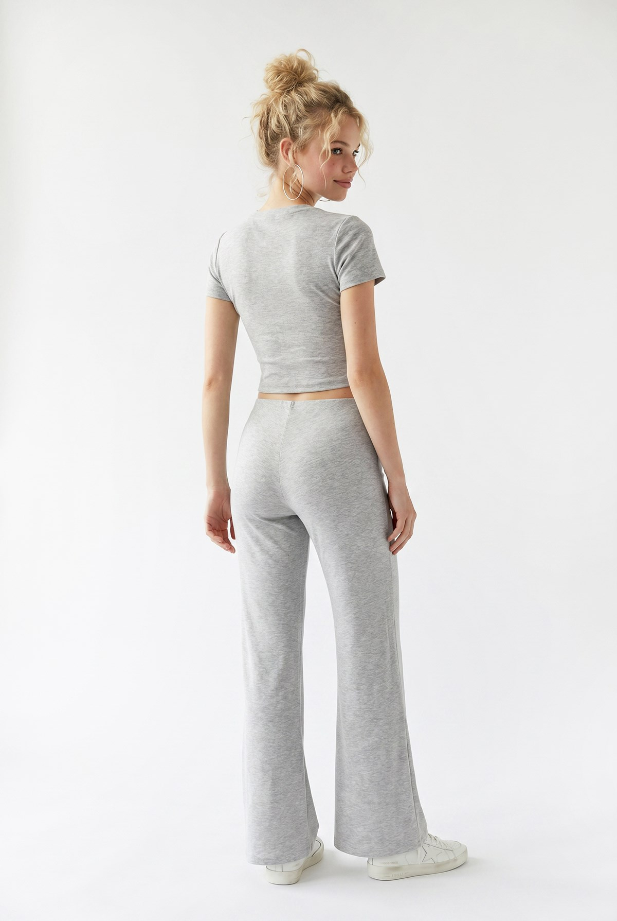 2120 Kadın Crop T-Shirt ve Palazzo Pantolon Takım Gri