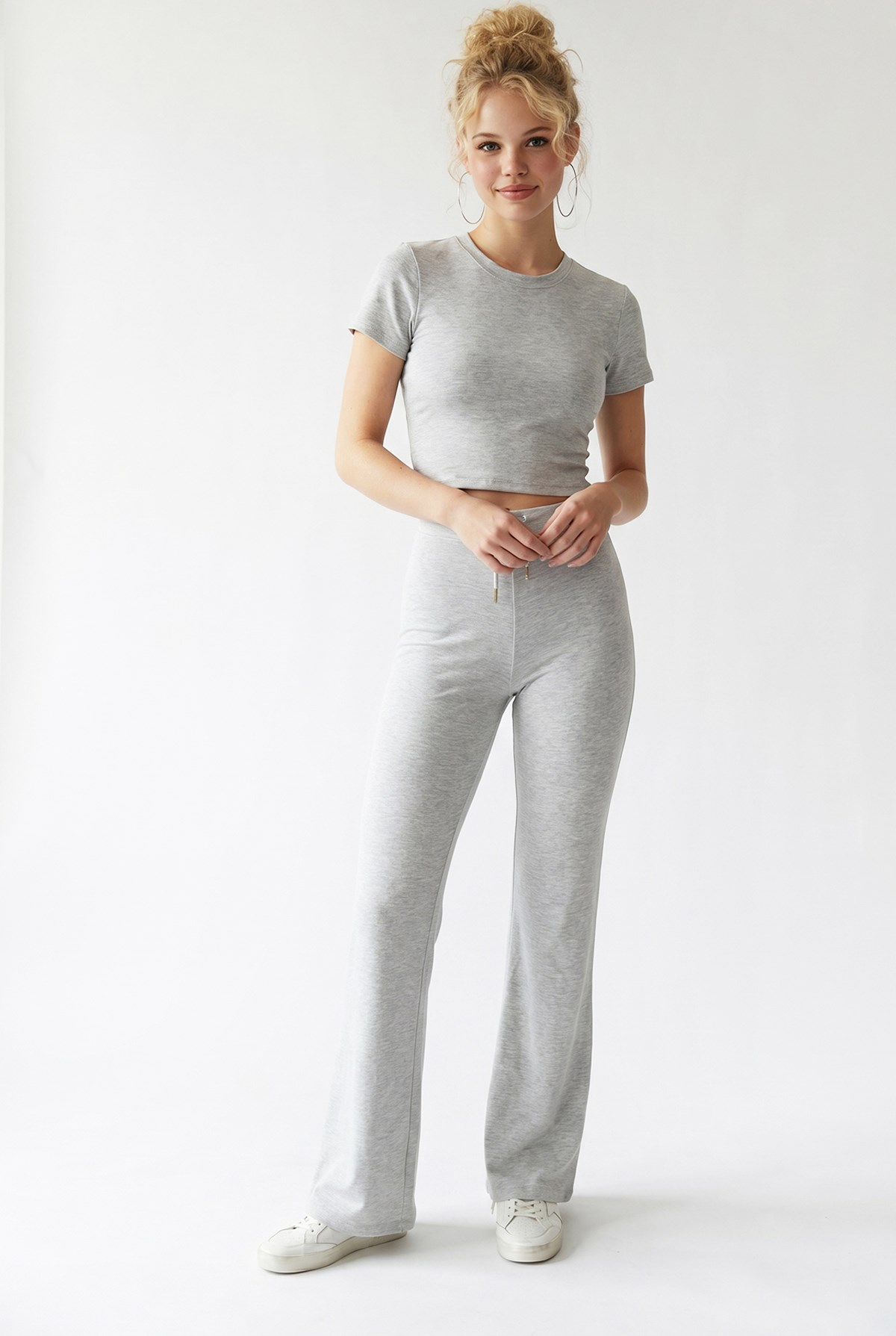 2120 Kadın Crop T-Shirt ve Palazzo Pantolon Takım Gri
