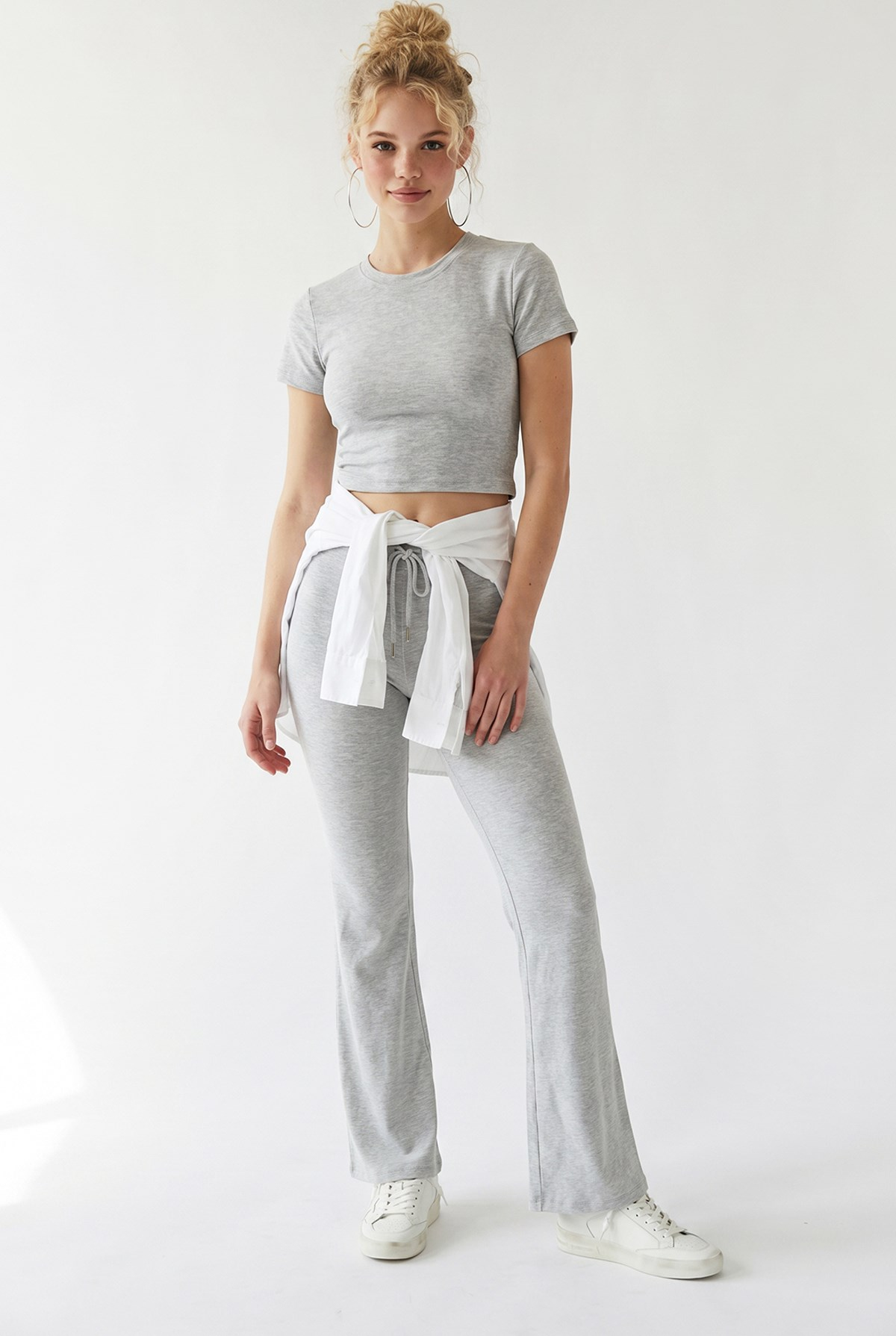2120 Kadın Crop T-Shirt ve Palazzo Pantolon Takım Gri
