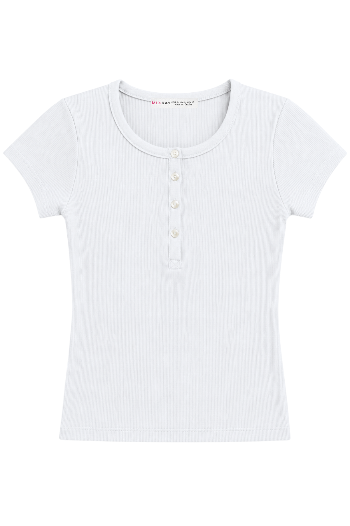 2121 Kadın %100 Pamuk Kaşkorse Düğme Detaylı T-Shirt Beyaz