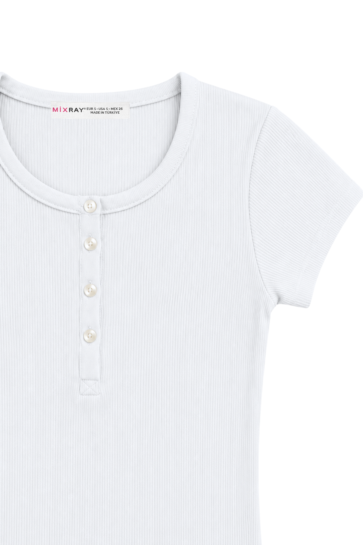 2121 Kadın %100 Pamuk Kaşkorse Düğme Detaylı T-Shirt Beyaz