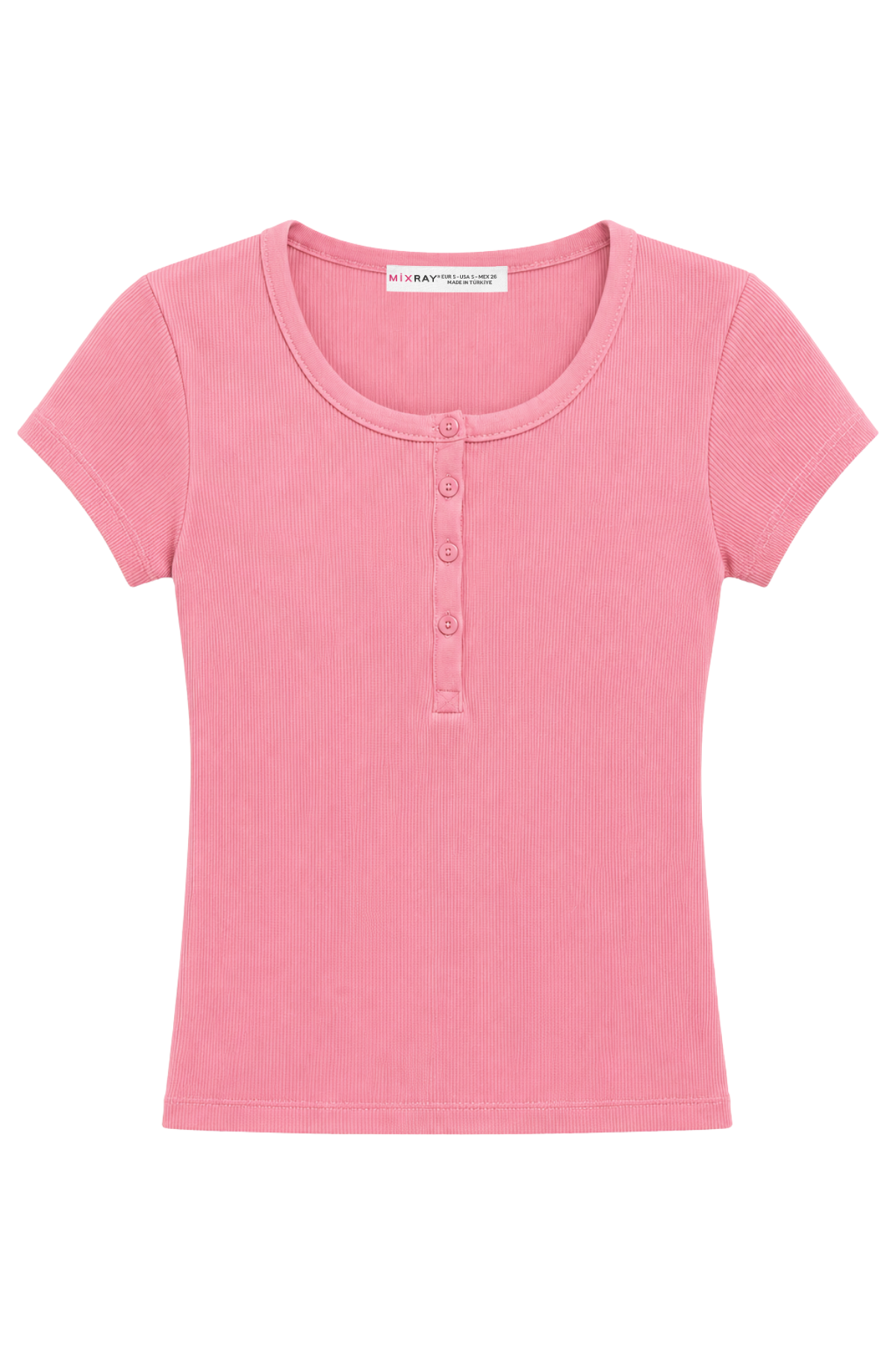 2121 Kadın %100 Pamuk Kaşkorse Düğme Detaylı T-Shirt Pembe