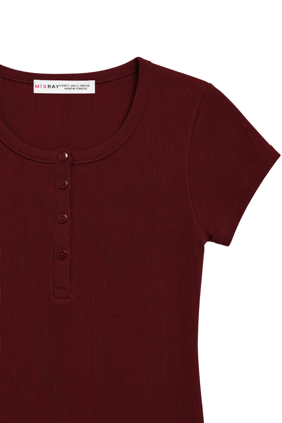 2121 Kadın %100 Pamuk Kaşkorse Düğme Detaylı T-Shirt Bordo