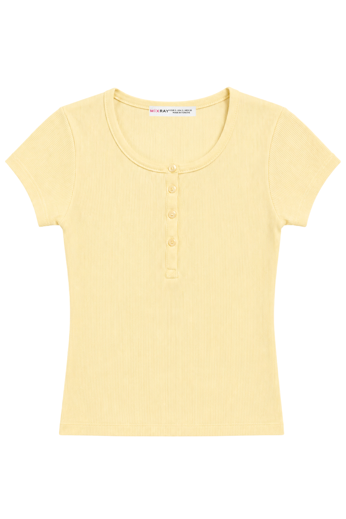 2121 Kadın %100 Pamuk Kaşkorse Düğme Detaylı T-Shirt Sarı
