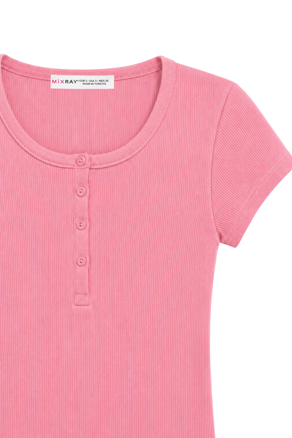 2121 Kadın %100 Pamuk Kaşkorse Düğme Detaylı T-Shirt Pembe