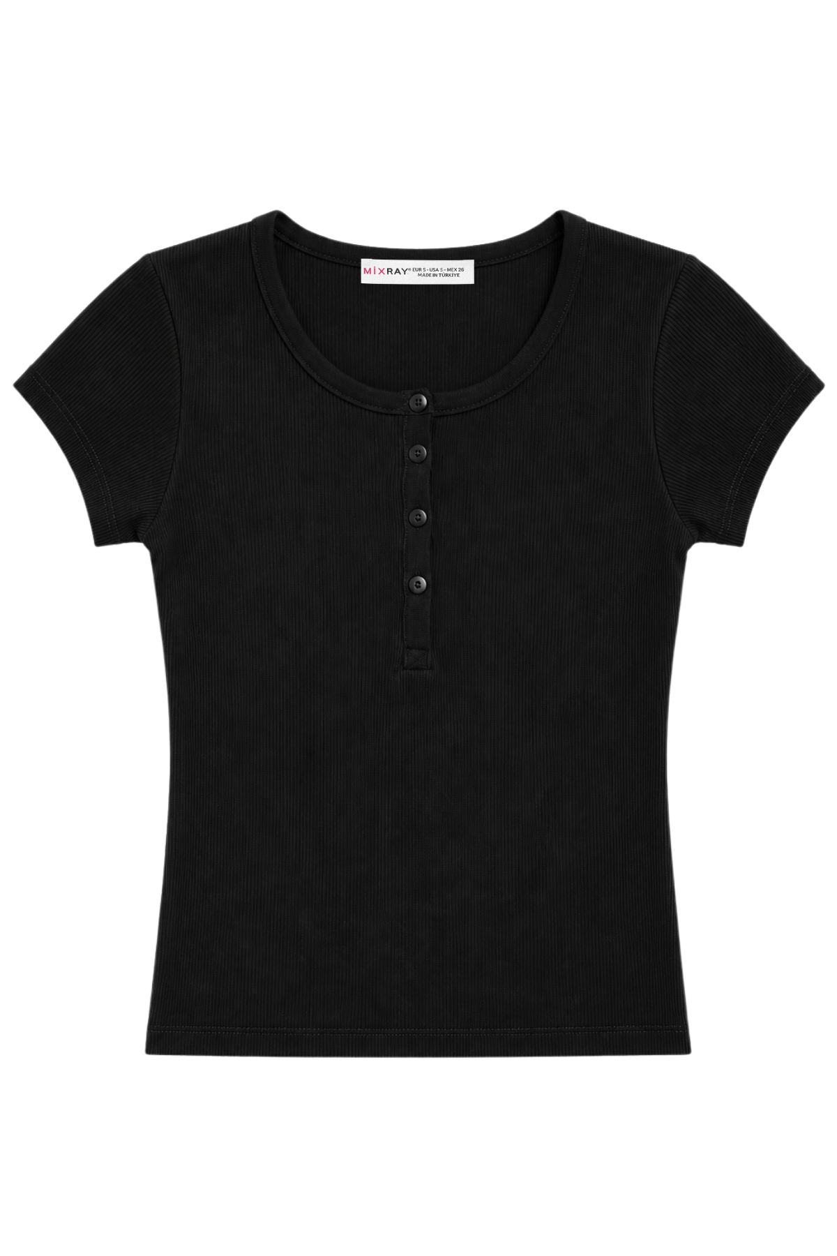 2121 Kadın %100 Pamuk Kaşkorse Düğme Detaylı T-Shirt Siyah