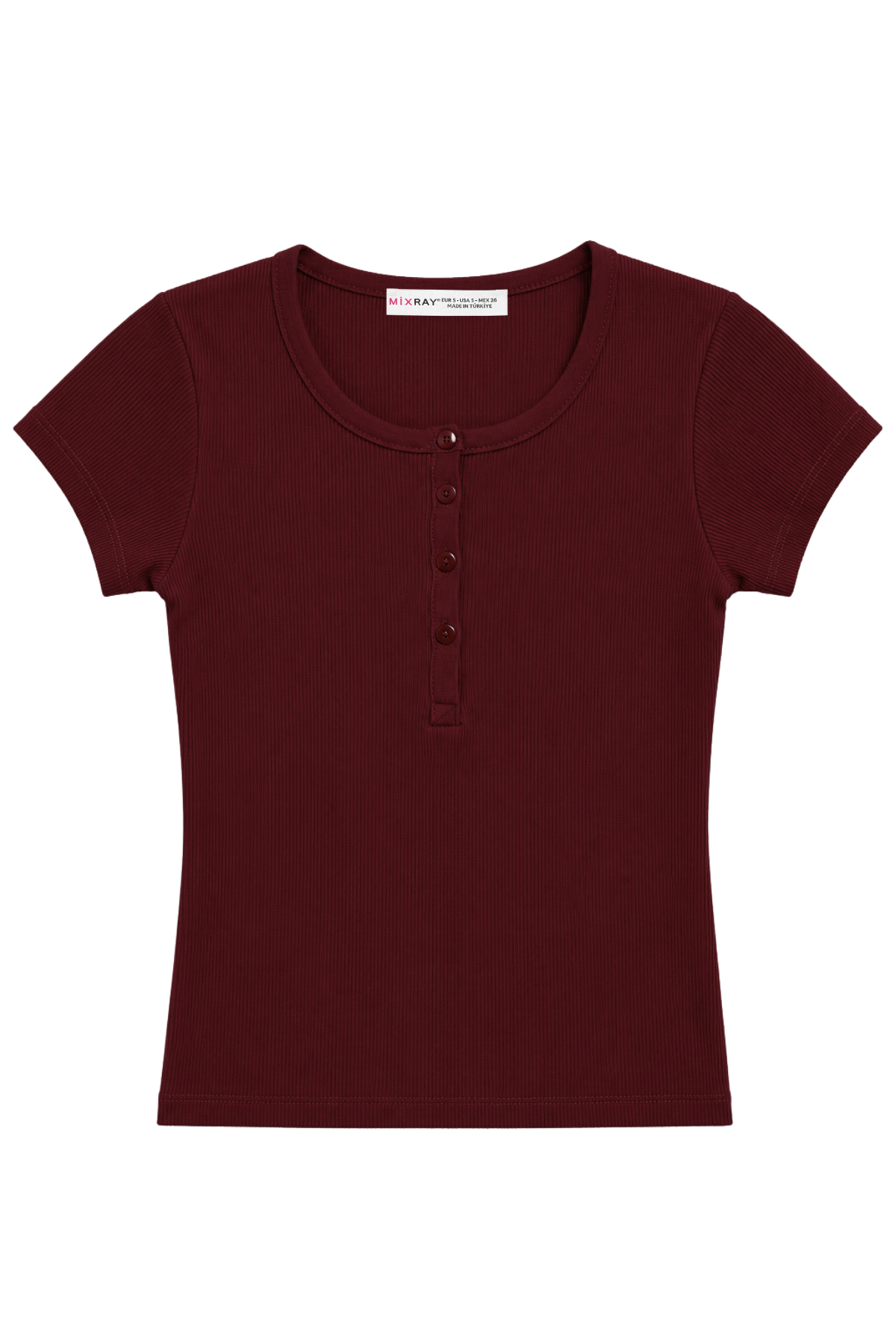 2121 Kadın %100 Pamuk Kaşkorse Düğme Detaylı T-Shirt Bordo