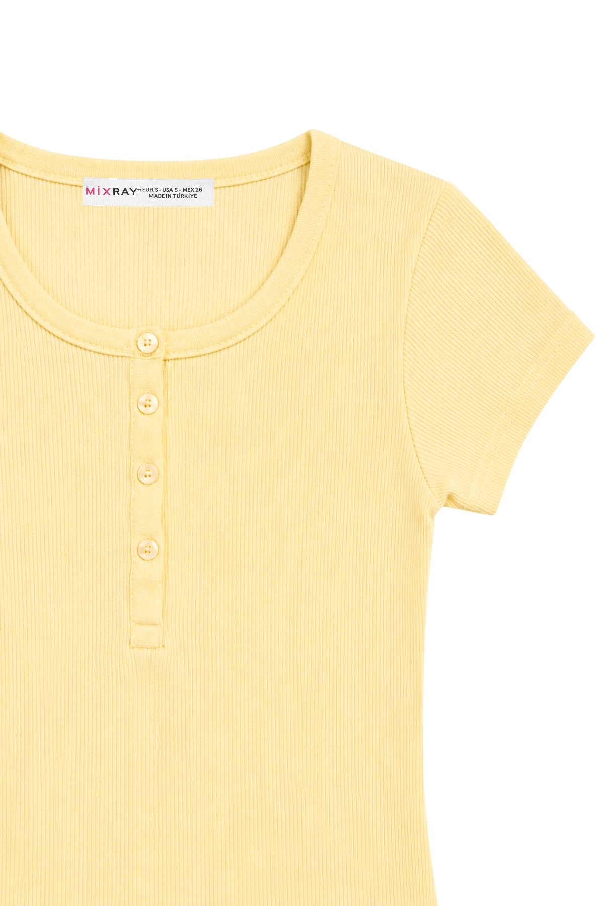 2121 Kadın %100 Pamuk Kaşkorse Düğme Detaylı T-Shirt Sarı