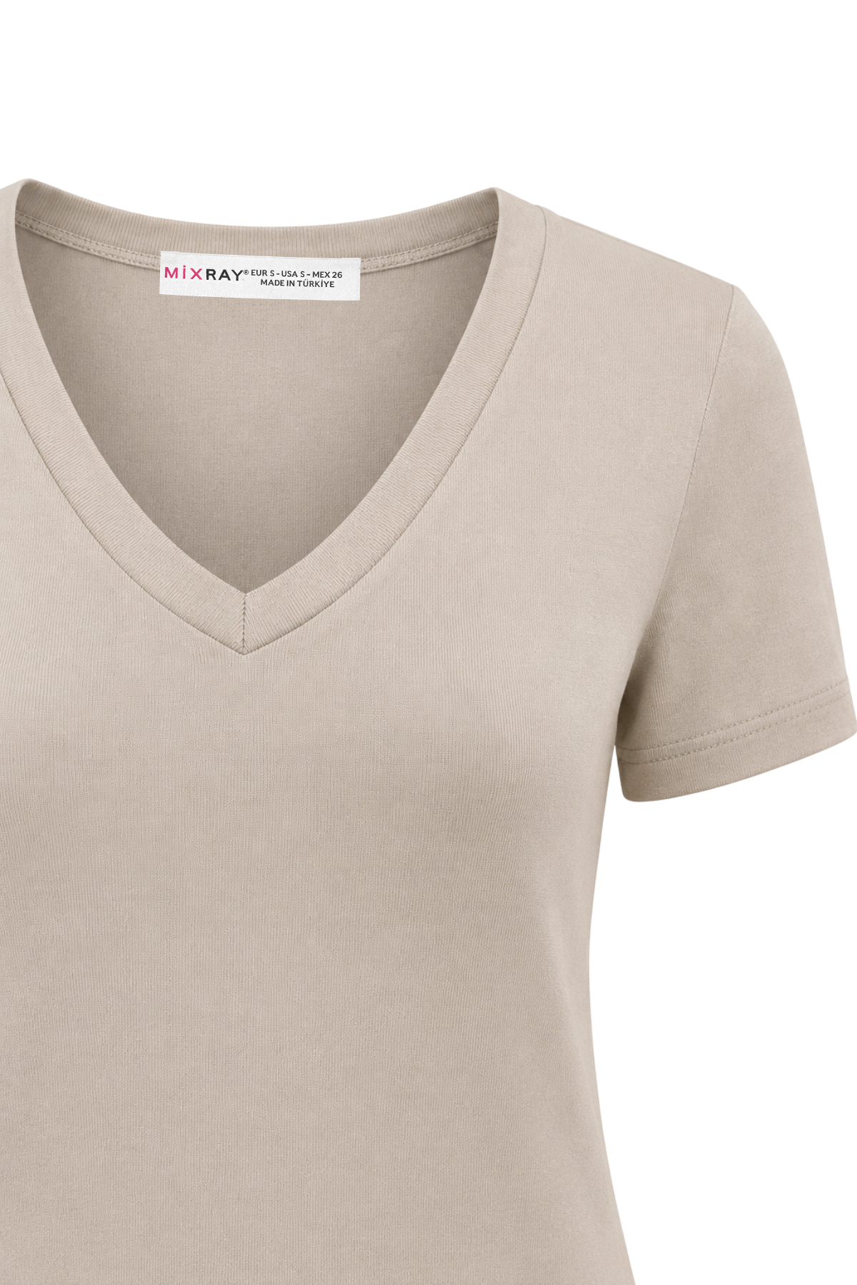 2122 Kadın V Yaka Basic Kısa Kollu T-Shirt Taş