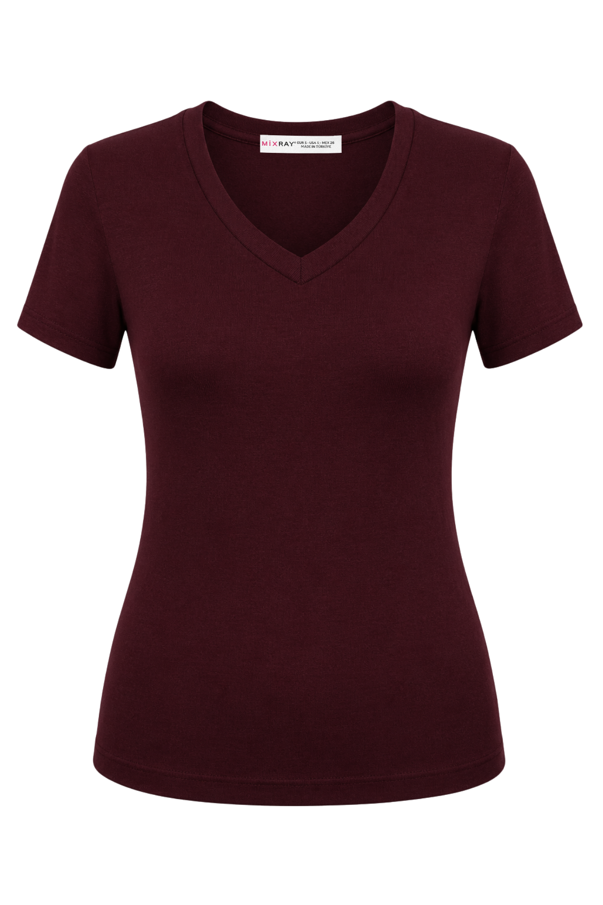 2122 Kadın V Yaka Basic Kısa Kollu T-Shirt Bordo