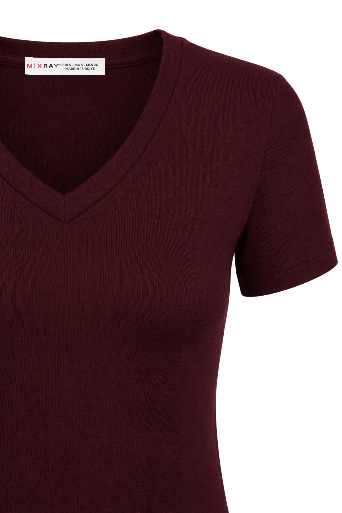 2122 Kadın V Yaka Basic Kısa Kollu T-Shirt Bordo