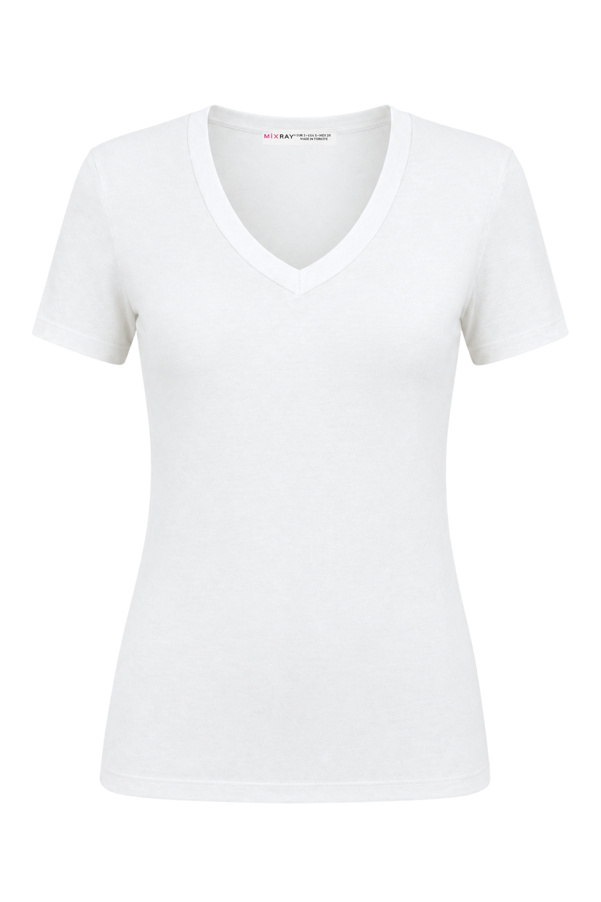 2122 Kadın V Yaka Basic Kısa Kollu T-Shirt Beyaz