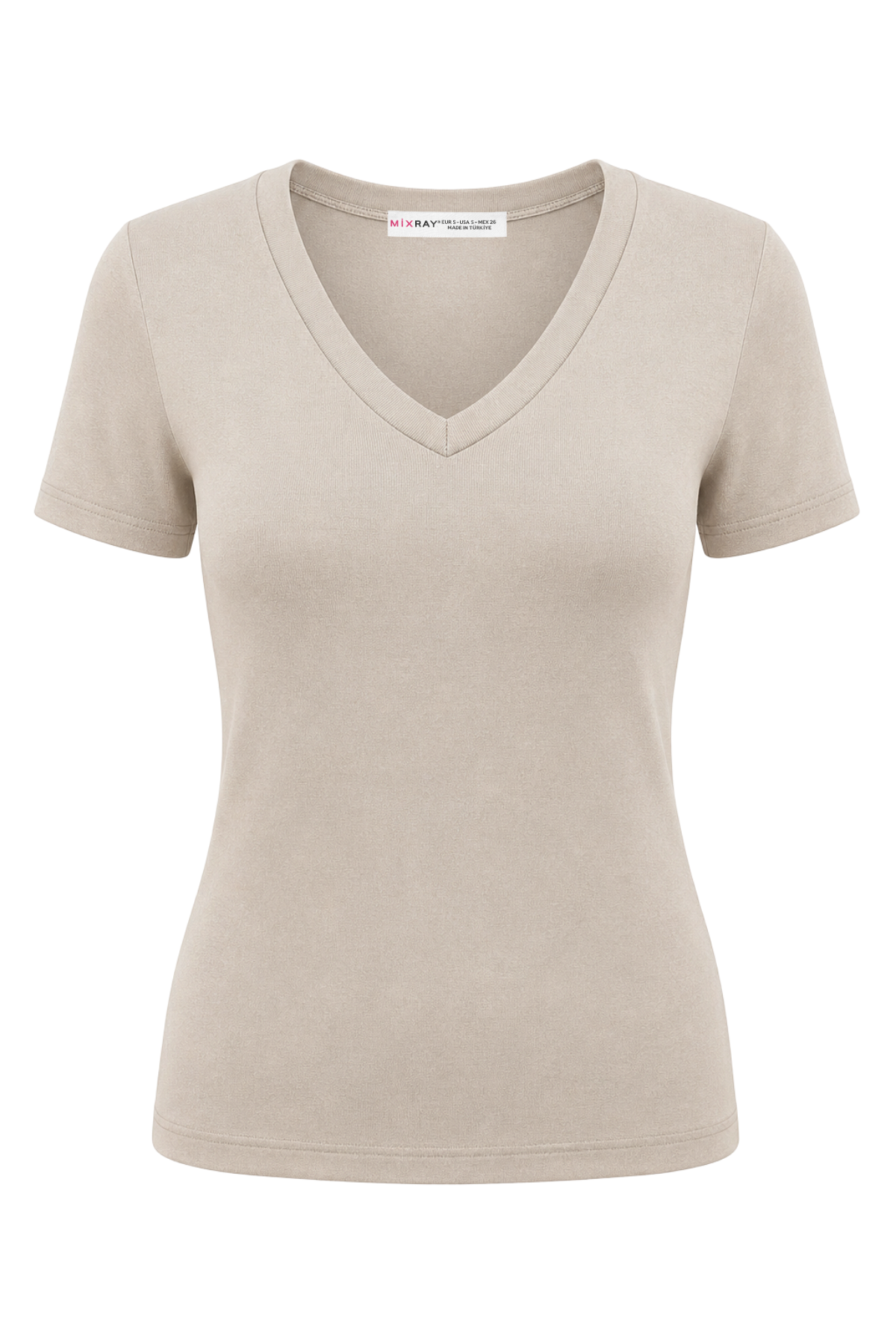 2122 Kadın V Yaka Basic Kısa Kollu T-Shirt Taş