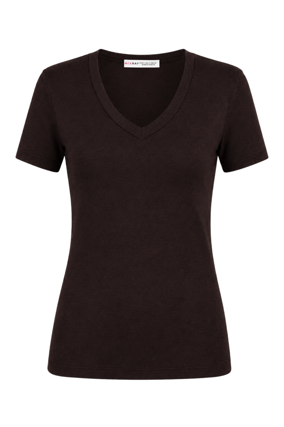 2122 Kadın V Yaka Basic Kısa Kollu T-Shirt Kahve