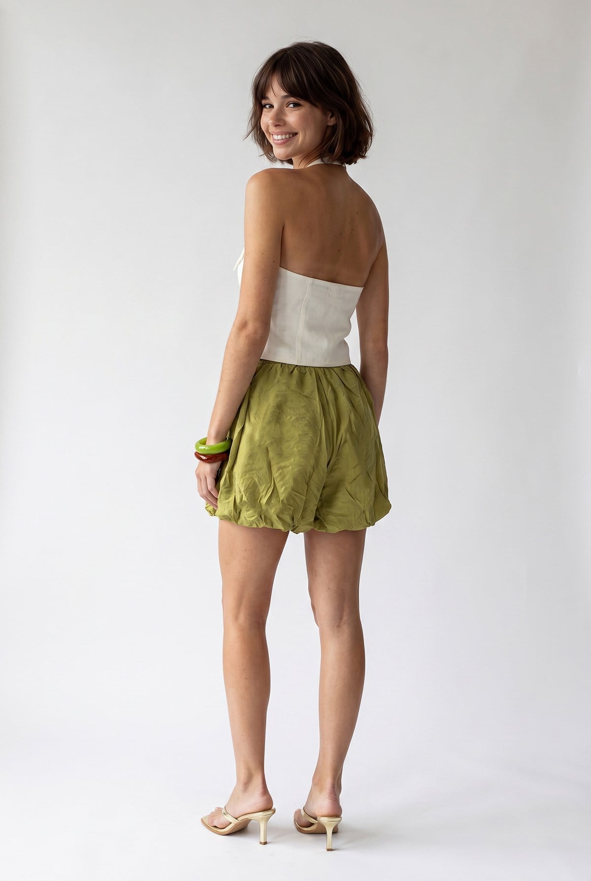 2123 Astarlı Yüksek Bel Balon Mini Şort Olive
