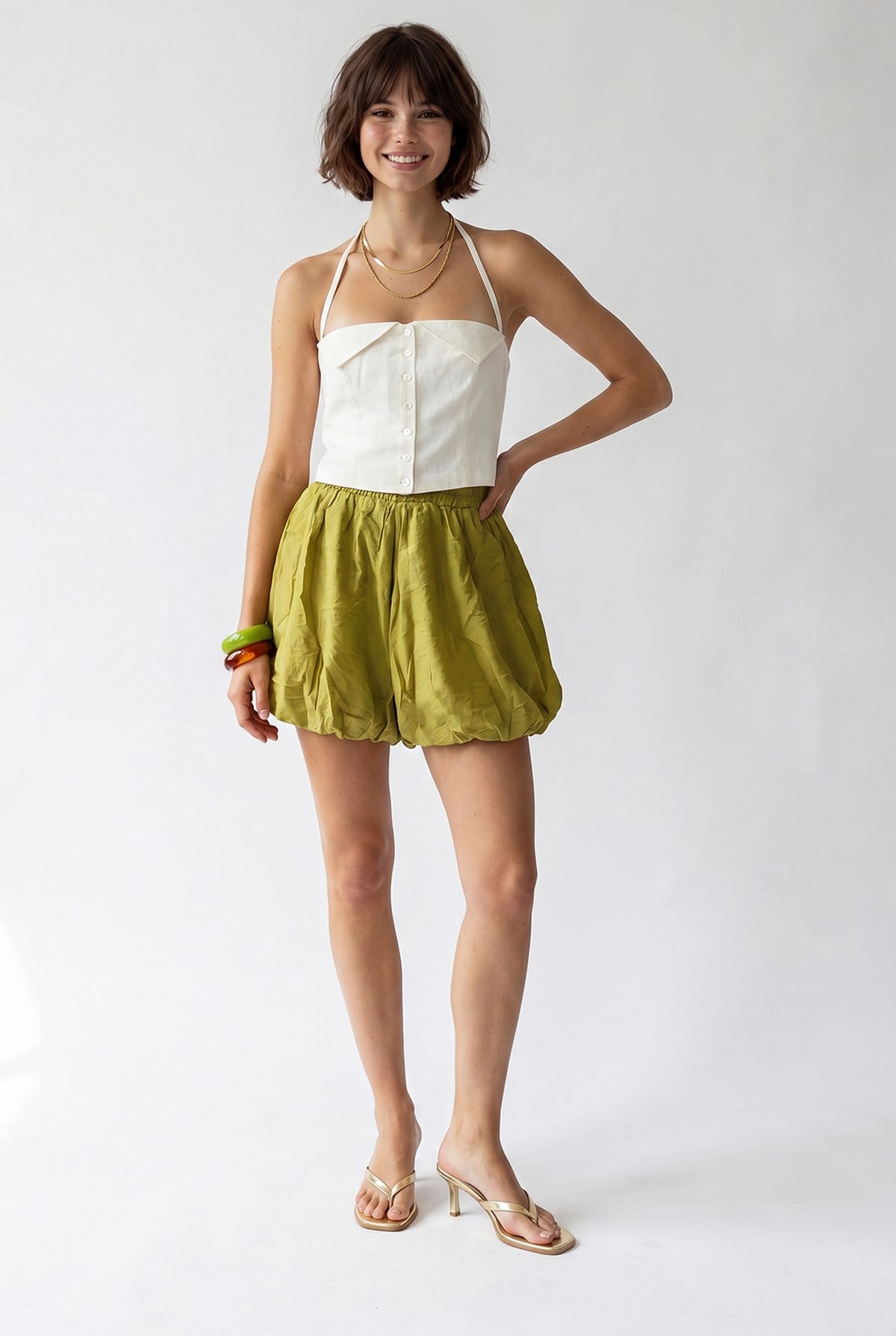 2123 Astarlı Yüksek Bel Balon Mini Şort Olive
