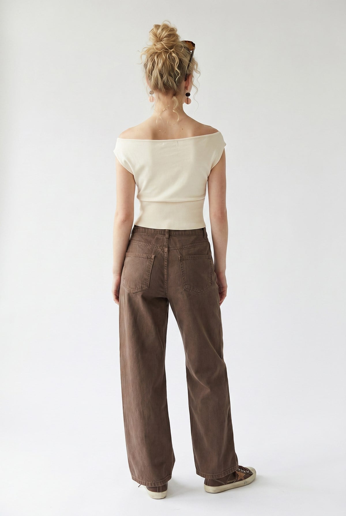 2128 Kadın İnce Mevsimlik Yüksek Bel Wide Leg Denim Pantolon Kahve