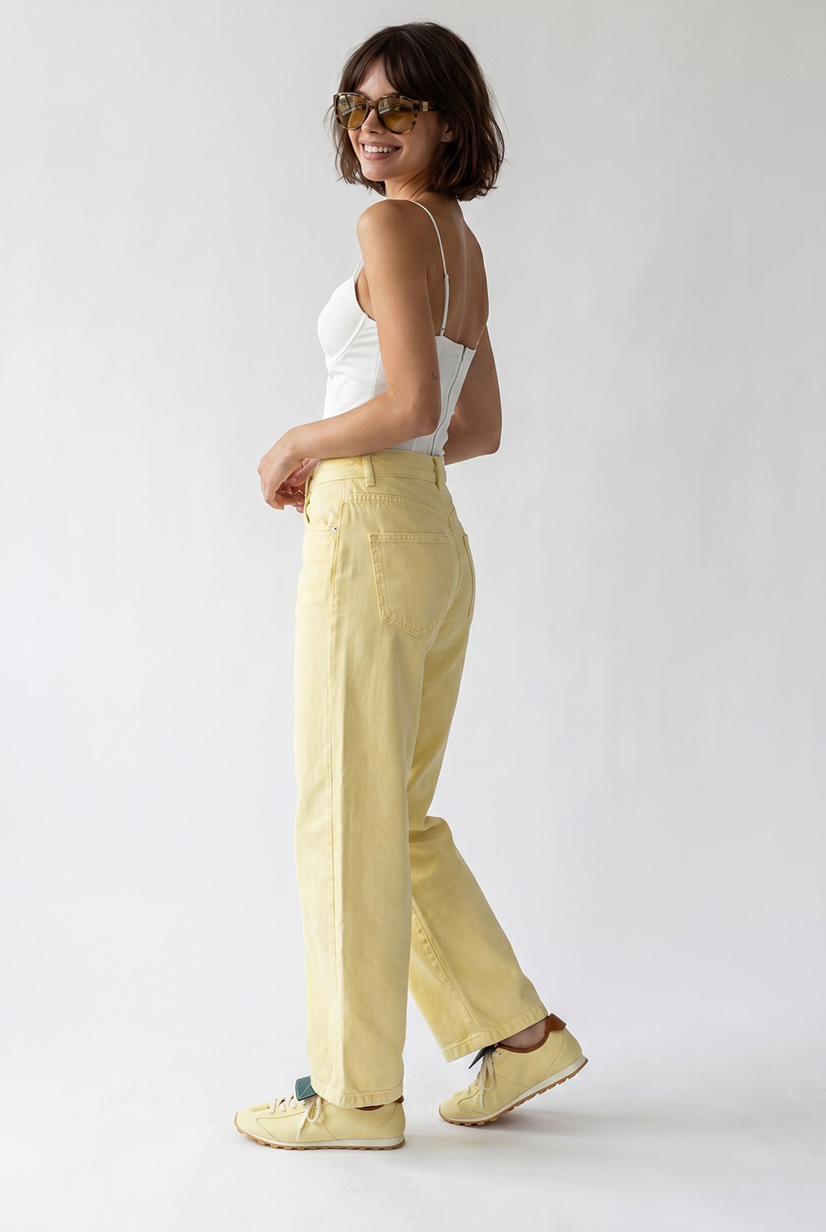 2128 Kadın İnce Mevsimlik Yüksek Bel Wide Leg Denim Pantolon Sarı