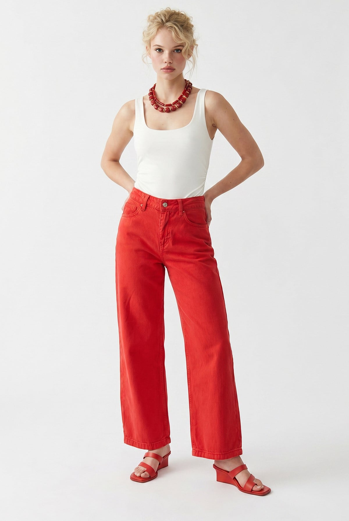 2128 Kadın İnce Mevsimlik Yüksek Bel Wide Leg Denim Pantolon Kırmızı