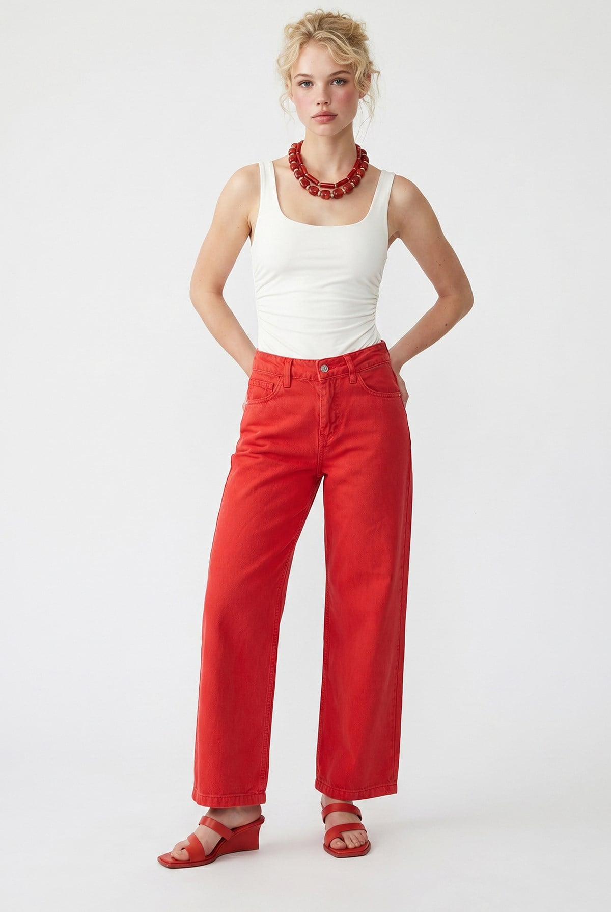 2128 Kadın İnce Mevsimlik Yüksek Bel Wide Leg Denim Pantolon Kırmızı