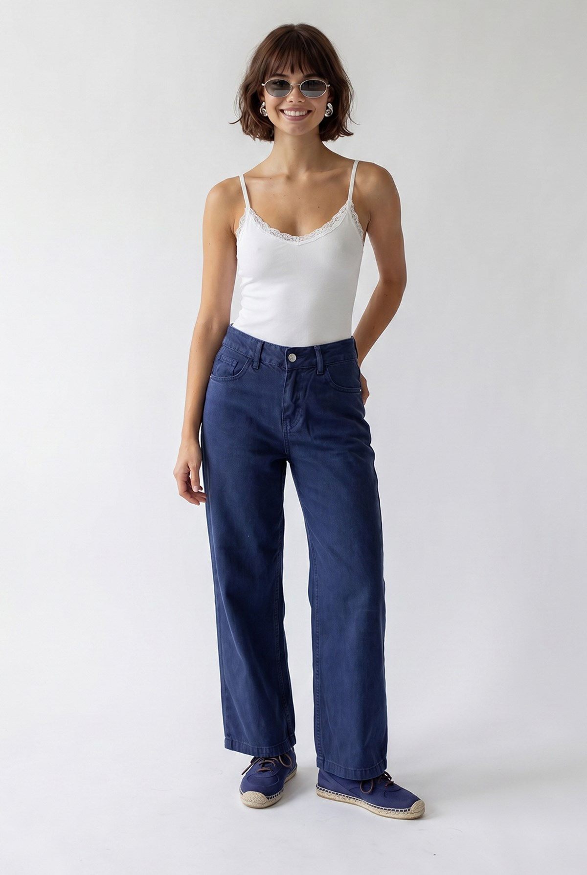 2128 Kadın İnce Mevsimlik Yüksek Bel Wide Leg Denim Pantolon Lacivert