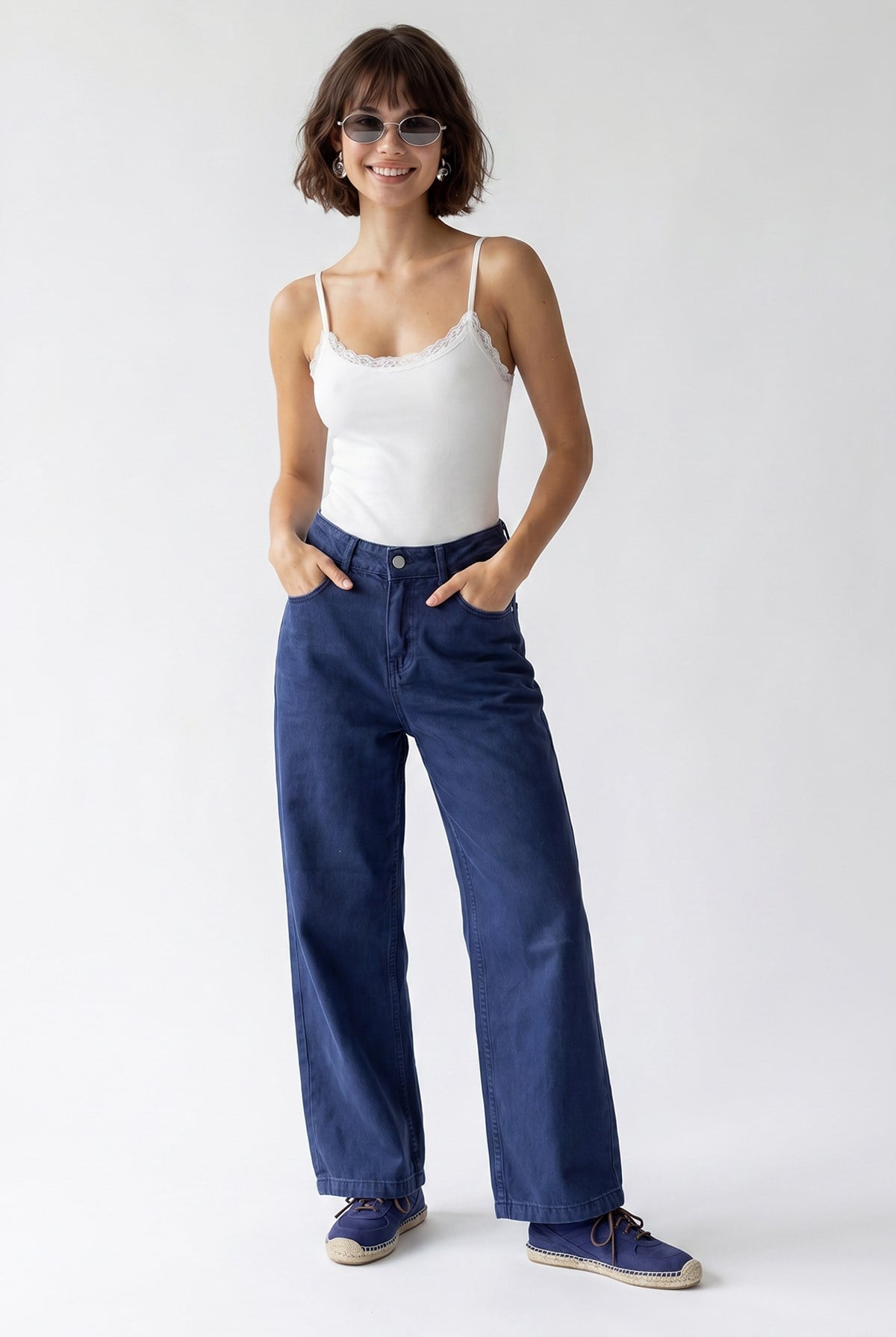 2128 Kadın İnce Mevsimlik Yüksek Bel Wide Leg Denim Pantolon Lacivert
