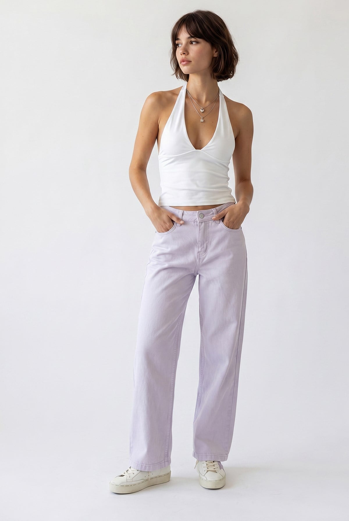 2128 Kadın İnce Mevsimlik Yüksek Bel Wide Leg Denim Pantolon Lila