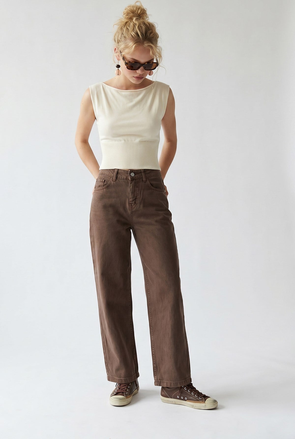 2128 Kadın İnce Mevsimlik Yüksek Bel Wide Leg Denim Pantolon Kahve