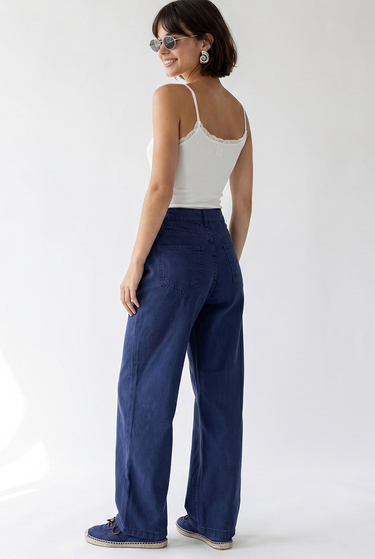 2128 Kadın İnce Mevsimlik Yüksek Bel Wide Leg Denim Pantolon Lacivert