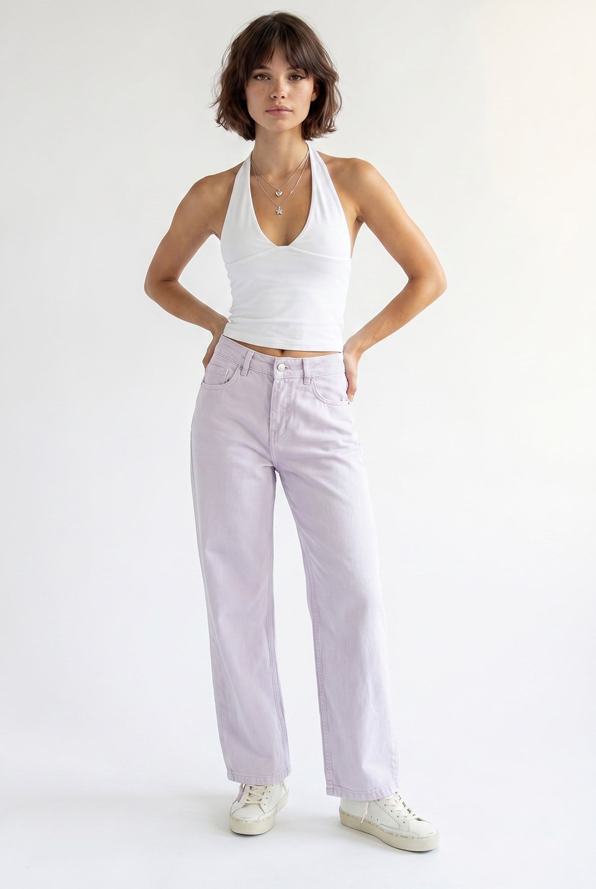 2128 Kadın İnce Mevsimlik Yüksek Bel Wide Leg Denim Pantolon Lila