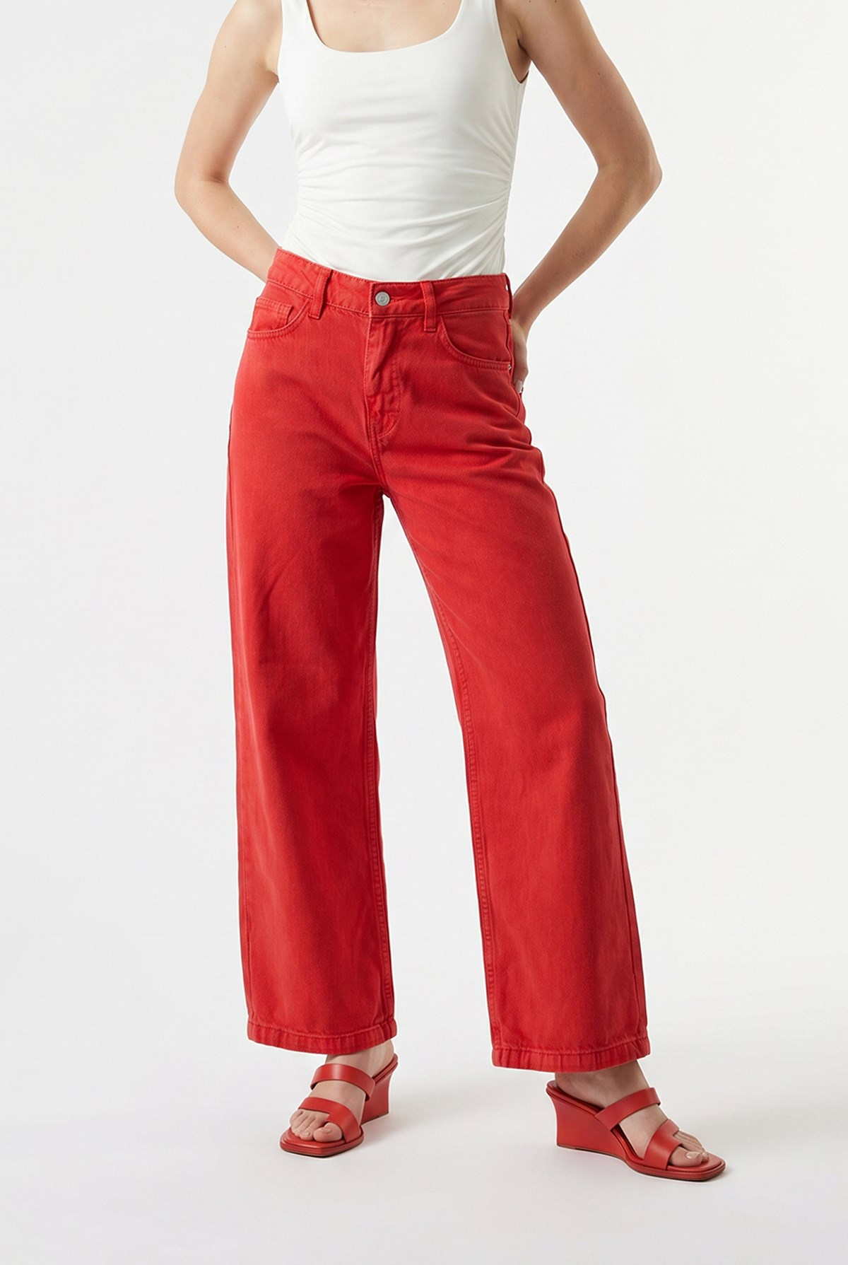 2128 Kadın İnce Mevsimlik Yüksek Bel Wide Leg Denim Pantolon Kırmızı