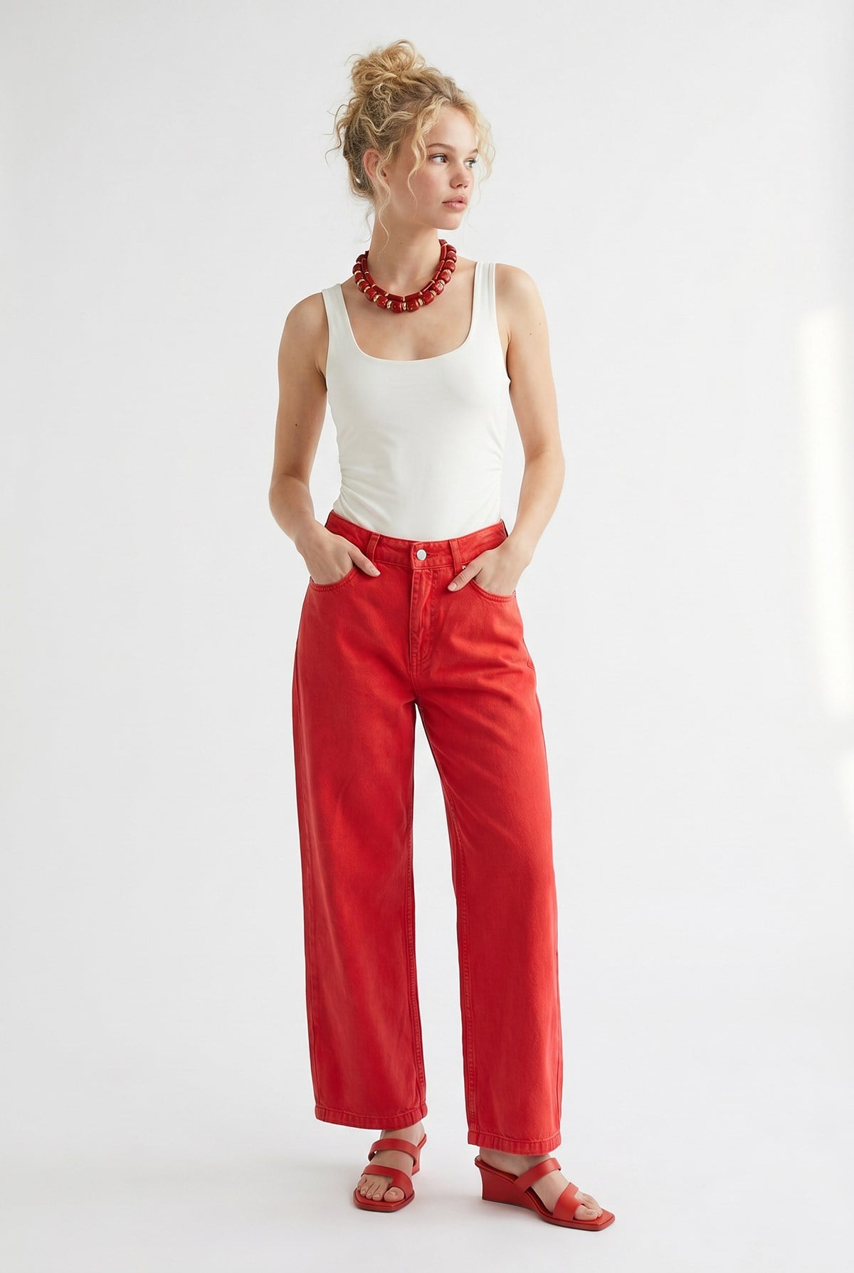 2128 Kadın İnce Mevsimlik Yüksek Bel Wide Leg Denim Pantolon Kırmızı