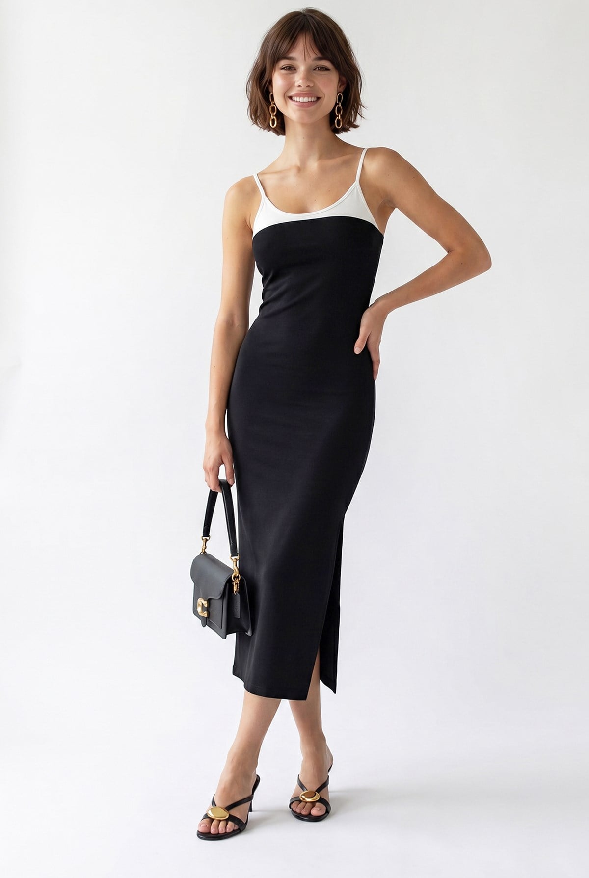2132 Kadın Bodycon Vücudu Saran Askılı Yırtmaçlı Maxi Elbise Siyah