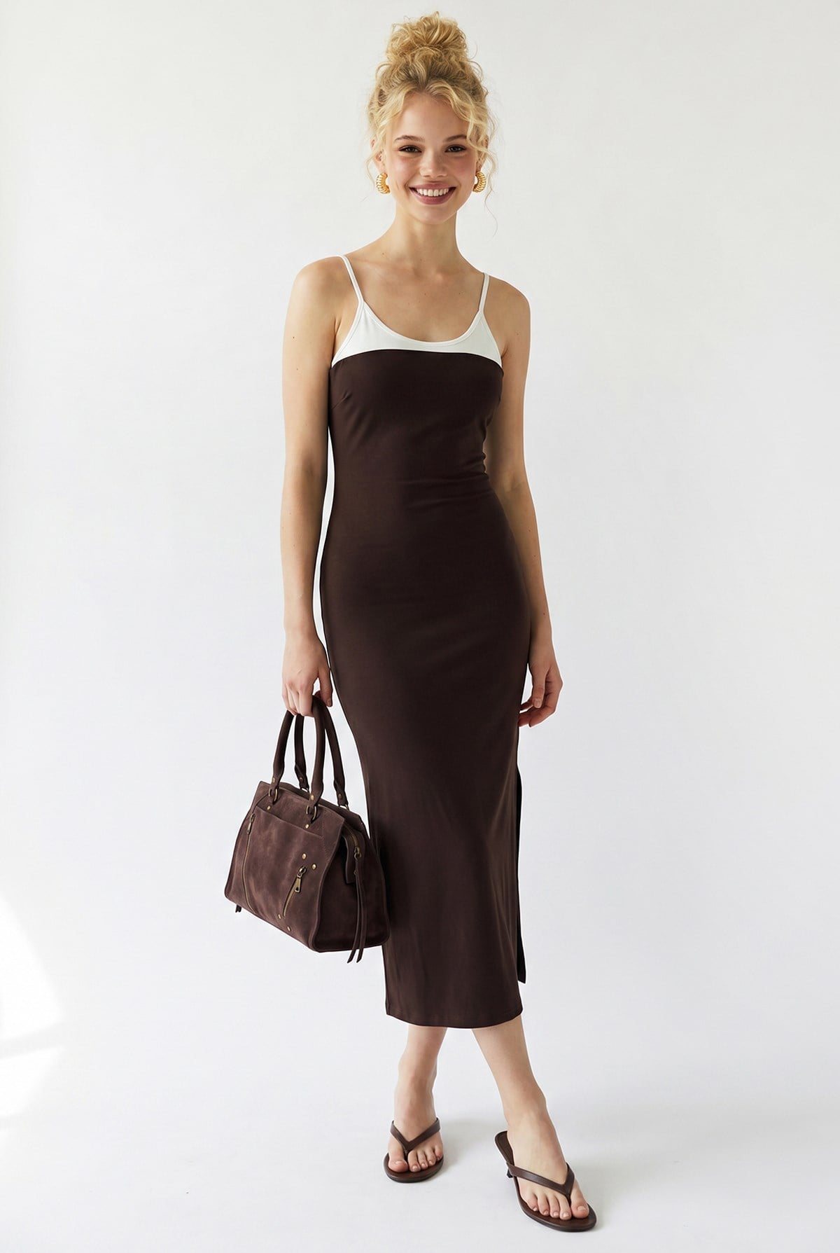 2132 Kadın Bodycon Vücudu Saran Askılı Yırtmaçlı Maxi Elbise Kahve