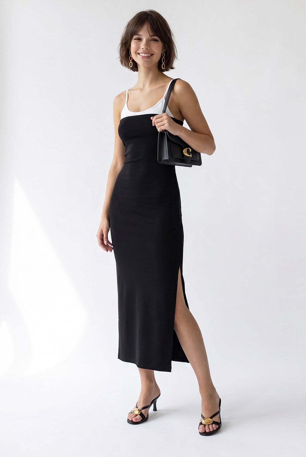 2132 Kadın Bodycon Vücudu Saran Askılı Yırtmaçlı Maxi Elbise Siyah