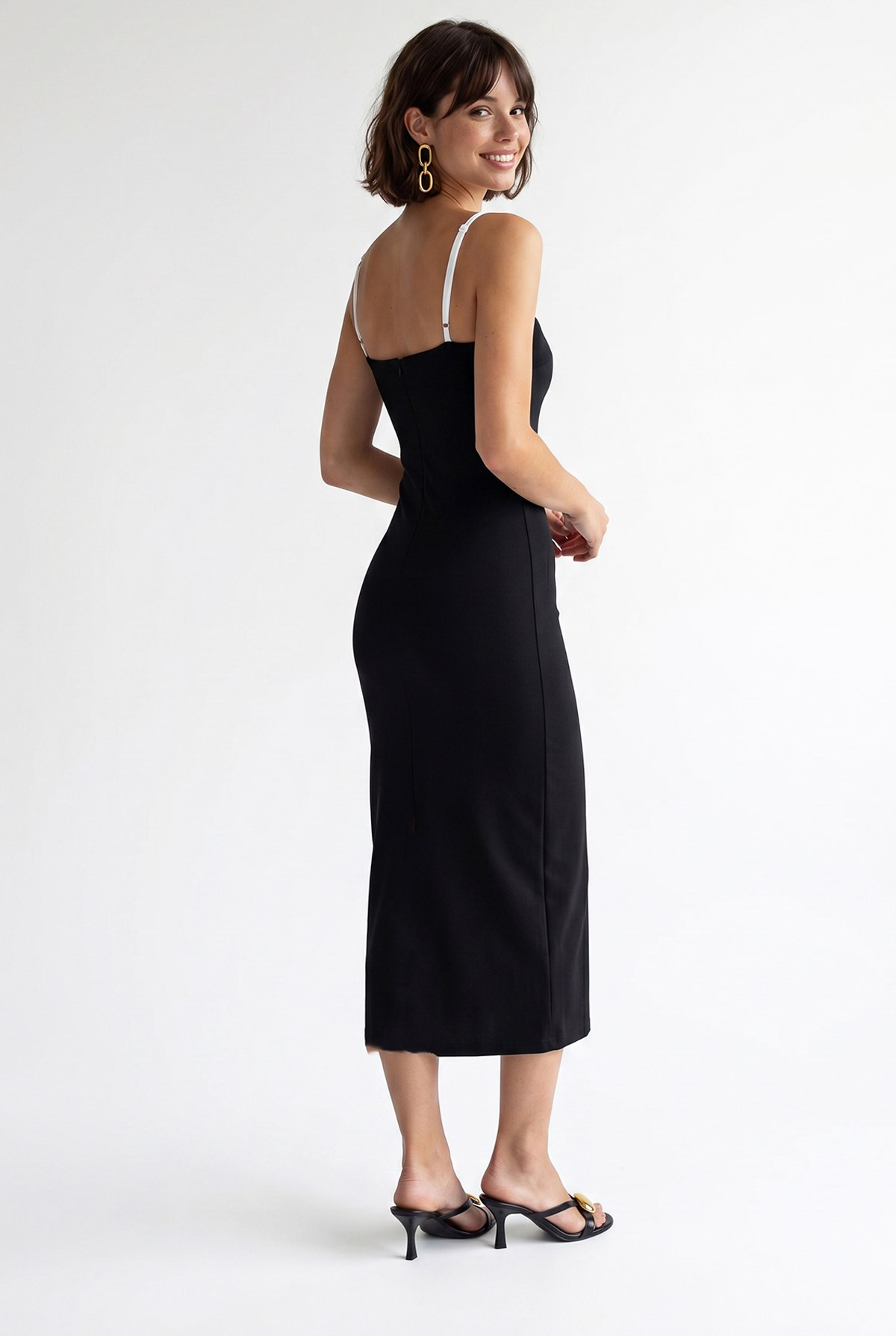 2132 Kadın Bodycon Vücudu Saran Askılı Yırtmaçlı Maxi Elbise Siyah