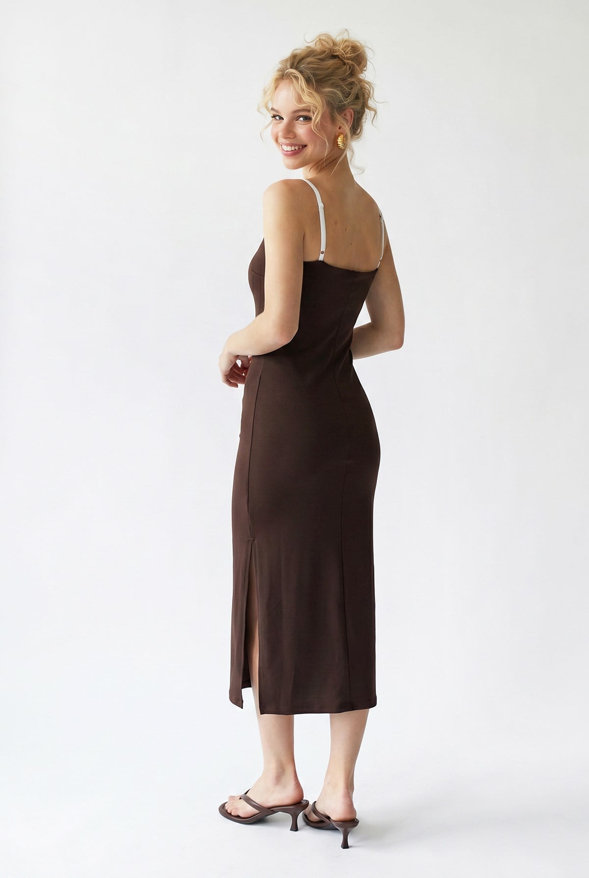 2132 Kadın Bodycon Vücudu Saran Askılı Yırtmaçlı Maxi Elbise Kahve