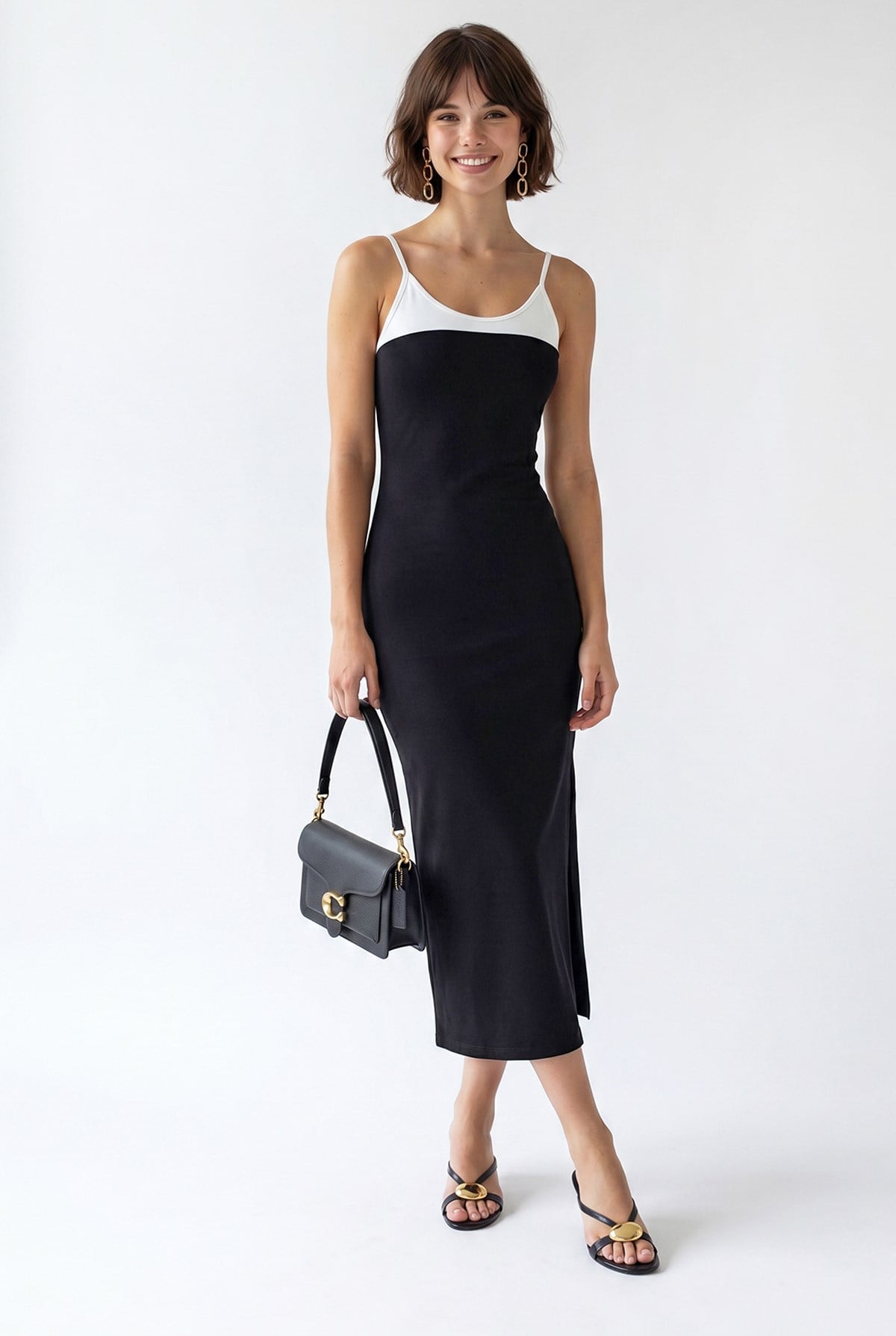 2132 Kadın Bodycon Vücudu Saran Askılı Yırtmaçlı Maxi Elbise Siyah