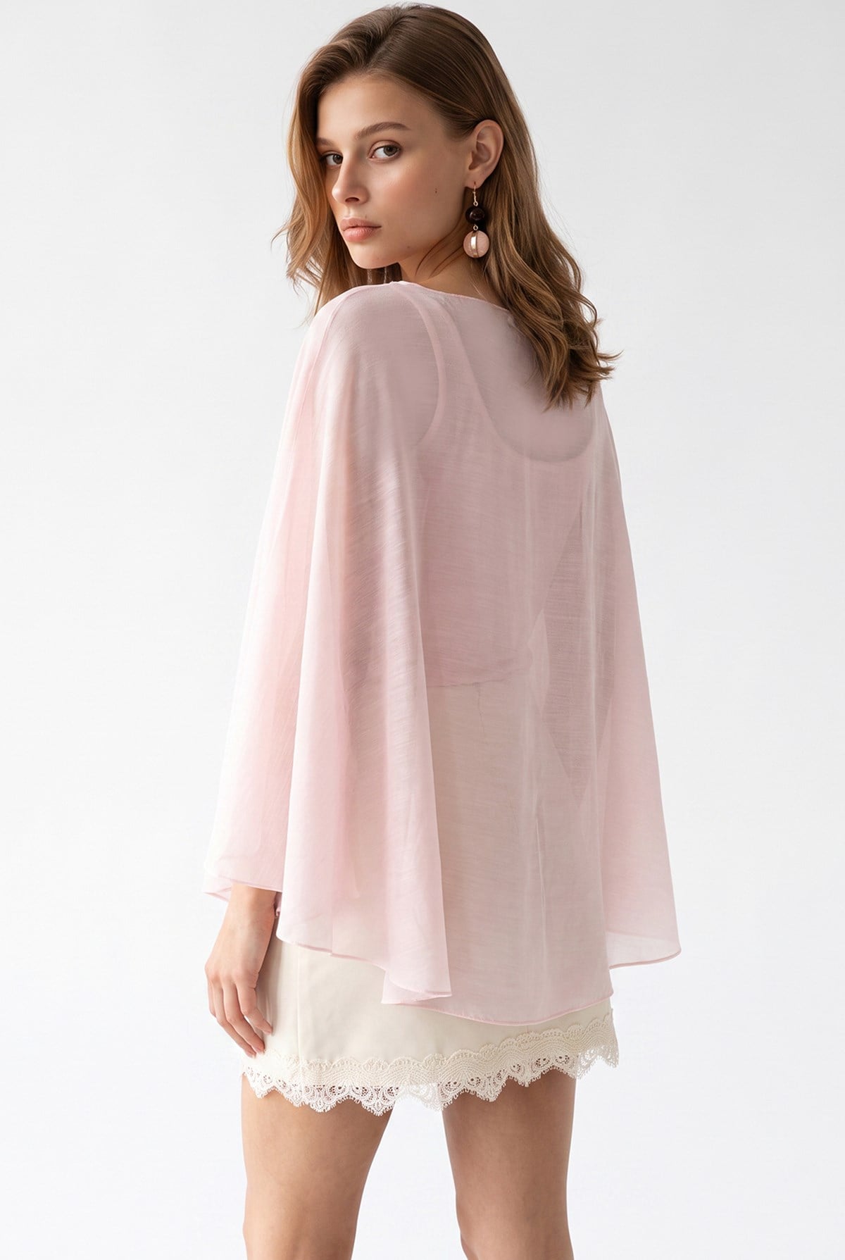 2148 Kadın Transparan İnce Dökümlü Yarasa Kol Tül Bluz Pembe