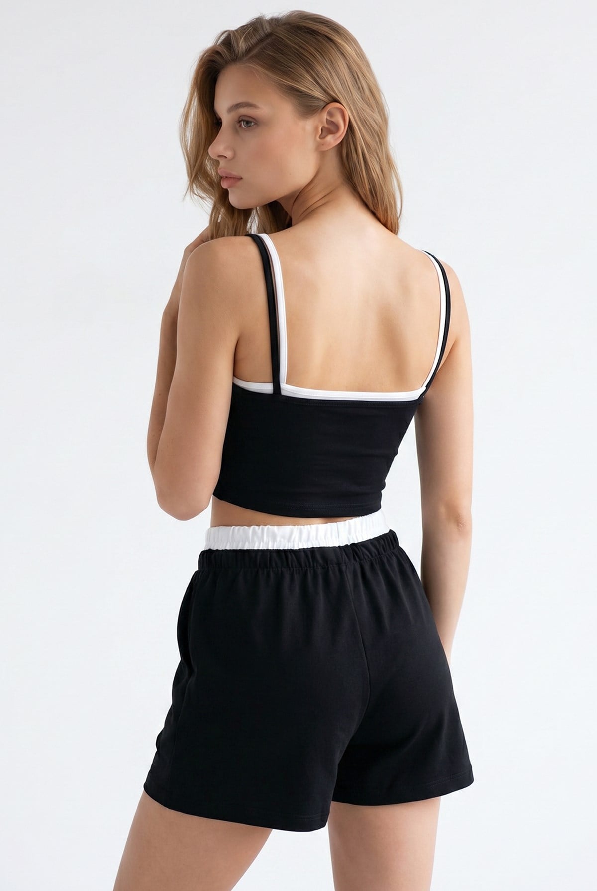 2151 Kadın Biye Detaylı Askılı Crop Top Şort Takım Siyah