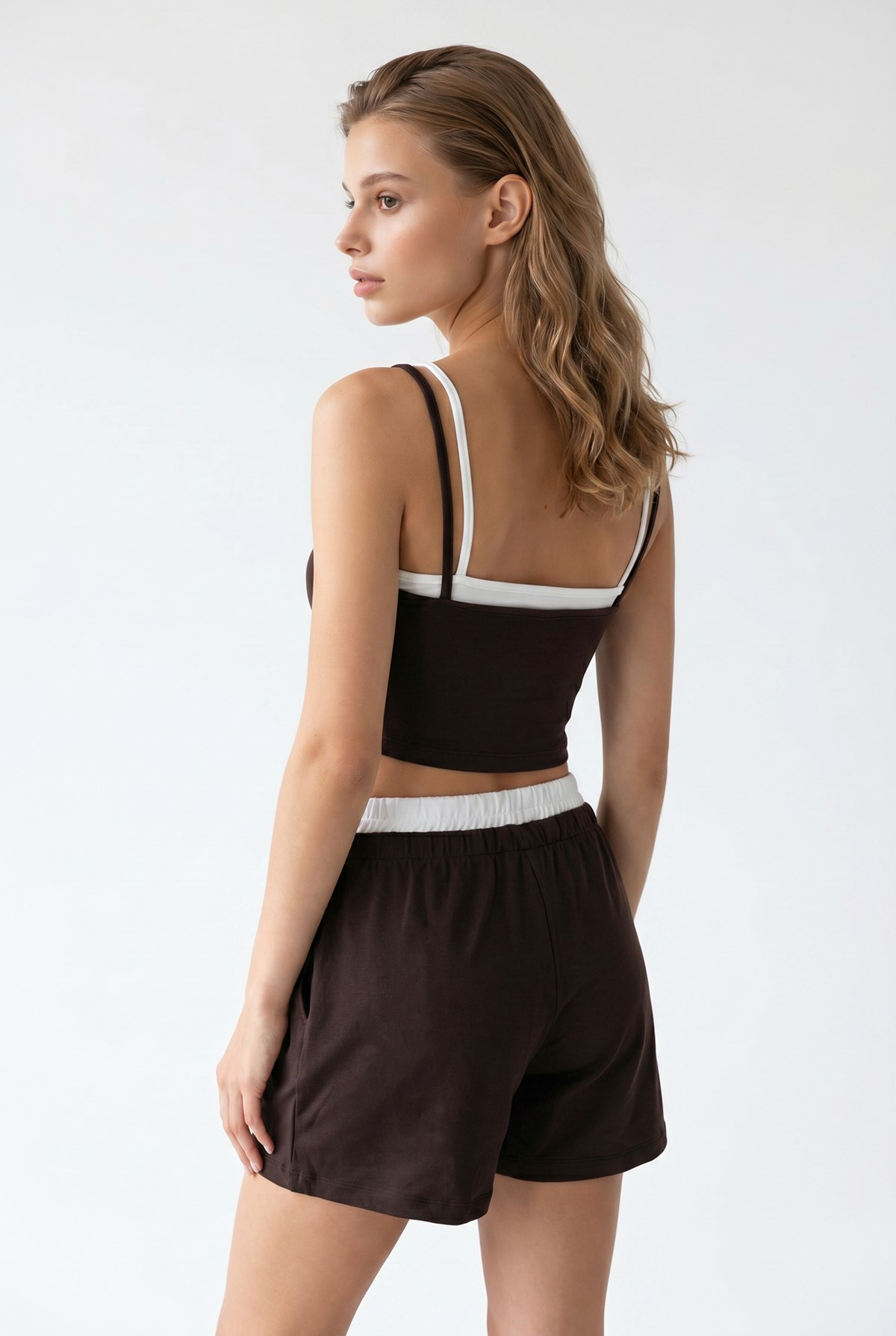 2151 Kadın Biye Detaylı Askılı Crop Top Şort Takım Kahve