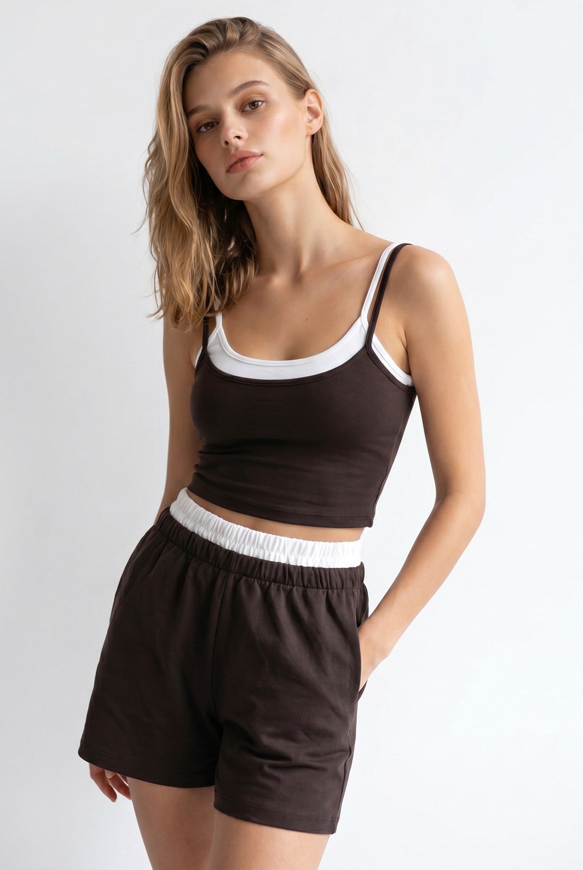 2151 Kadın Biye Detaylı Askılı Crop Top Şort Takım Kahve