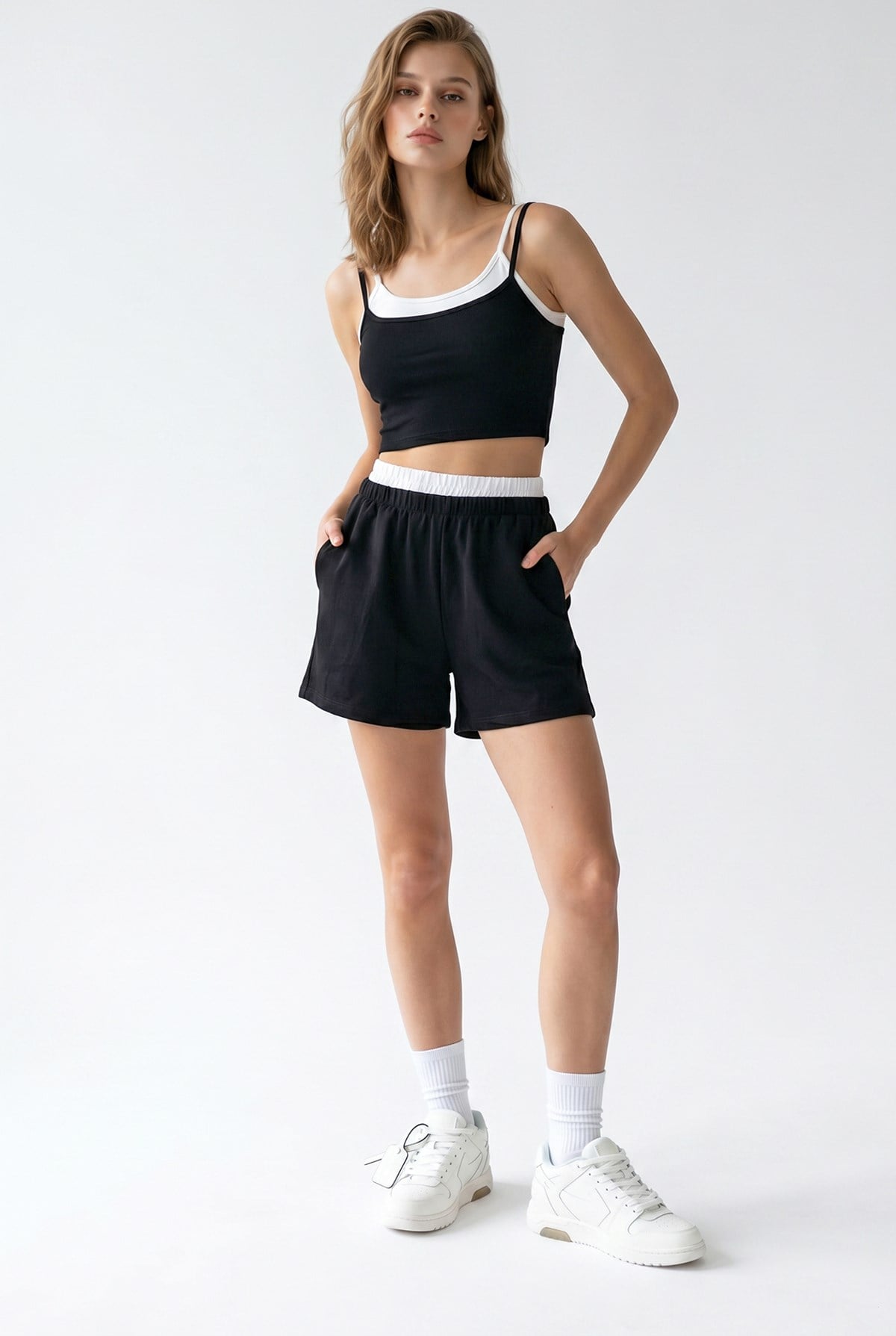 2151 Kadın Biye Detaylı Askılı Crop Top Şort Takım Siyah
