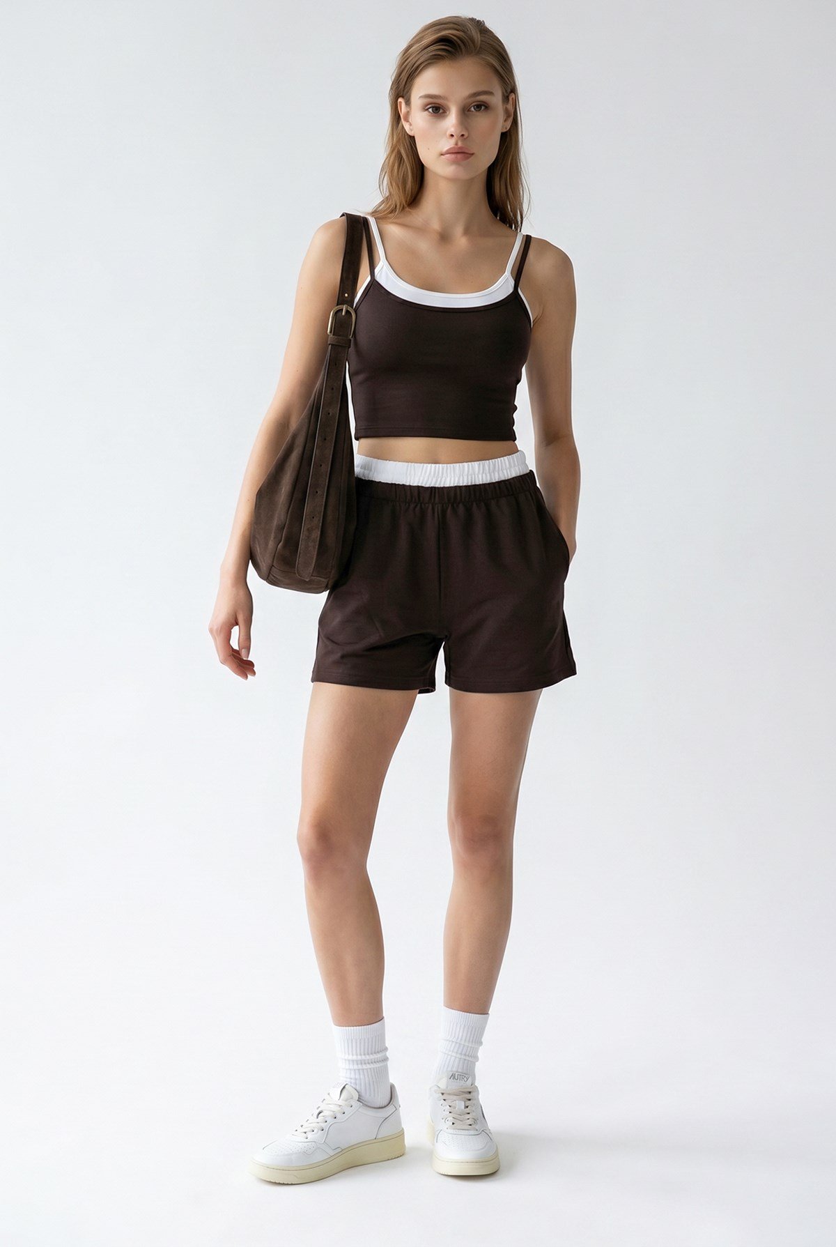 2151 Kadın Biye Detaylı Askılı Crop Top Şort Takım Kahve