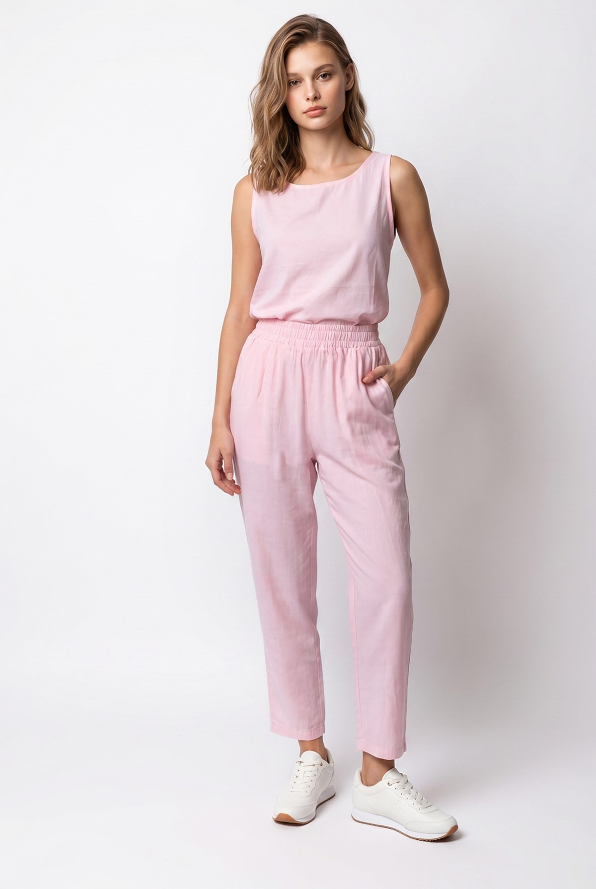 2152 Kadın Bisiklet Yaka Bluz Beli Lastikli Pantolon Takım Pembe