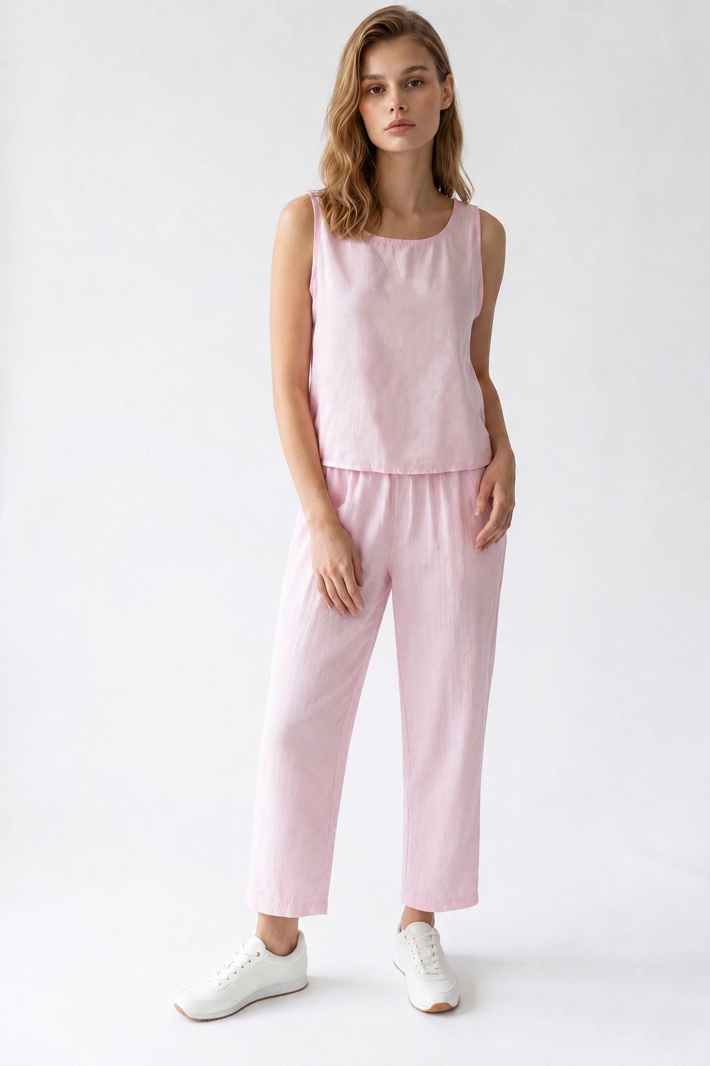 2152 Kadın Bisiklet Yaka Bluz Beli Lastikli Pantolon Takım Pembe