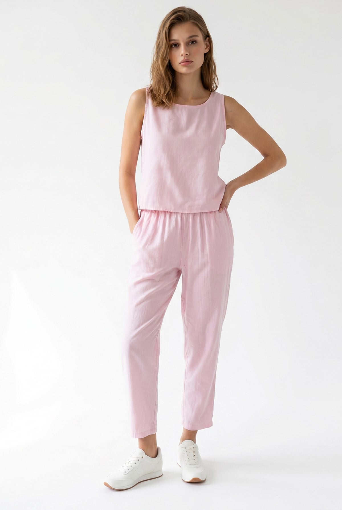 2152 Kadın Bisiklet Yaka Bluz Beli Lastikli Pantolon Takım Pembe